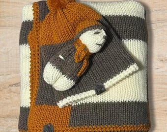 Handmade Baby Blanket Beanie and Bunny Gift Set, Knitted & Crocheted Neutral Nursery Gift