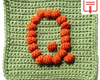Letter Q Bobble Popcorn Stitch Crochet Pattern for Baby Afghan Blanket Granny Square