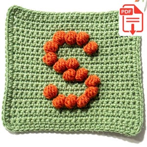 May include: A square crochet patch in sage green featuring a textured letter S formed by raised orange bobble stitches. The design is worked in a dense stitch pattern, creating a uniform surface with a prominent, three-dimensional letter.