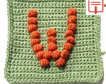 Letter W Bobble Popcorn Stitch Crochet Pattern for Baby Afghan Blanket Granny Square