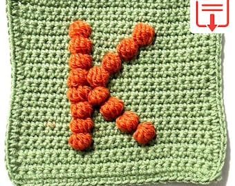 Letter K Bobble Popcorn Stitch Crochet Pattern for Baby Afghan Blanket Granny Square