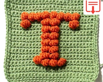 Letter T Bobble Popcorn Stitch Crochet Pattern for Baby Afghan Blanket Granny Square