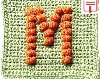 Letter M Bobble Popcorn Stitch Crochet Pattern for Baby Afghan Blanket Granny Square
