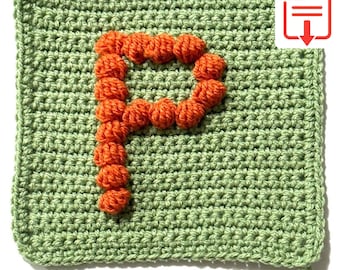 Letter P Bobble Popcorn Stitch Crochet Pattern for Baby Afghan Blanket Granny Square