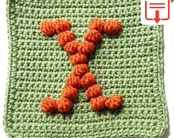 Letter X Bobble Popcorn Stitch Crochet Pattern for Baby Afghan Blanket Granny Square