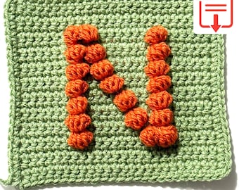 Letter N Bobble Popcorn Stitch Crochet Pattern for Baby Afghan Blanket Granny Square
