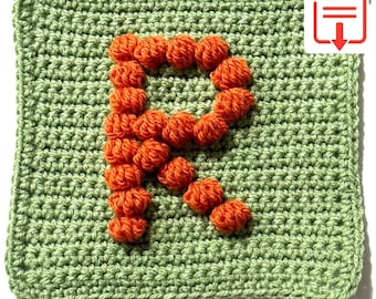 Letter R Bobble Popcorn Stitch Crochet Pattern for Baby Afghan Blanket Granny Square