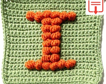 Letter I Bobble Popcorn Stitch Crochet Pattern for Baby Afghan Blanket Granny Square