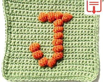 Letter J Bobble Popcorn Stitch Crochet Pattern for Baby Afghan Blanket Granny Square