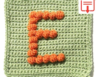 Letter E Bobble Popcorn Stitch Crochet Pattern for Baby Afghan Blanket Granny Square