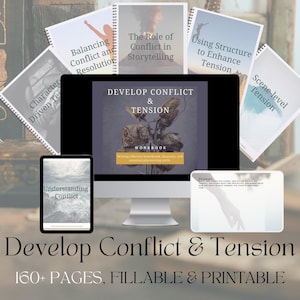 Puede incluir: Un paquete de productos digitales para escritores, que incluye un libro de trabajo titulado "Develop Conflict & Tension" con un fondo oscuro y una planta con flores blancas. El libro de trabajo se muestra en la pantalla de una computadora, con otros libros de trabajo relacionados visibles en el fondo. El texto "160+ PÁGINAS, RELLENABLE E IMPRIMIBLE" se muestra en la parte inferior de la imagen.
