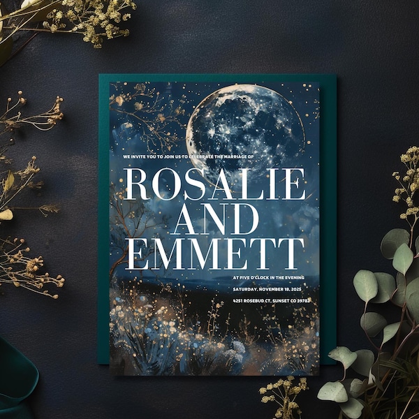 Modello di invito di nozze celeste / Tema del libro fantasy / Cielo notturno, luna e stelle / Invito di nozze fantasy romantico / Modificabile su Canva