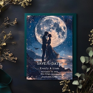 Zaproszenie na ślub w stylu fantasy | Zapisz datę w nocnym niebie | Romantyczne zaproszenie na ślub w stylu fantasy | Możliwość edycji w Canva