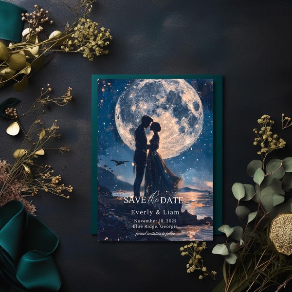Invito di nozze celeste ispirato al fantasy / Save the Date cielo notturno / Invito di nozze romantico fantasy / Modificabile in Canva