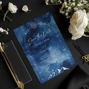 Modelo de convite de casamento celestial | Reserve a data do céu noturno | Convite de casamento de fantasia romântica | Editável no Canva | Download digital