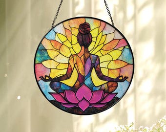 Yoga Stained Glass Suncatcher, Namaste Yoga Decor, Meditation Suncatcher, Spiritual Healing Gift, Energy Healing, Boho Window Hanging Decor