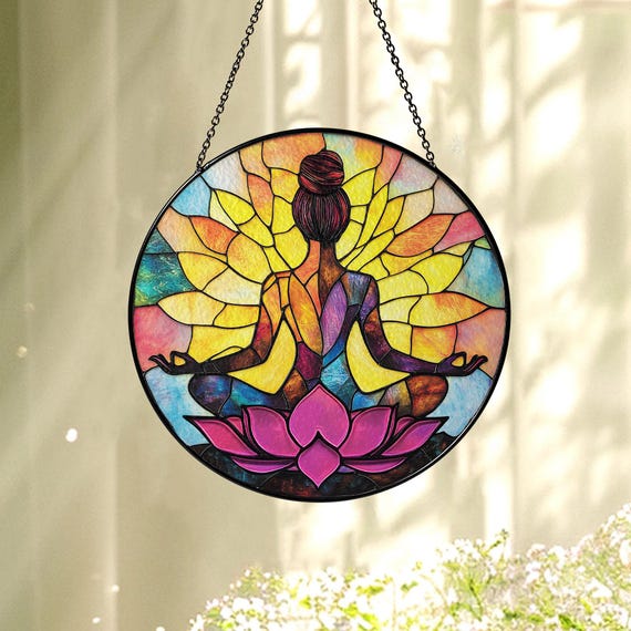 Yoga Stained Glass Suncatcher, Namaste Yoga Decor, Meditation Suncatcher, Spiritual Healing Gift, Energy Healing, Boho Window Hanging Decor