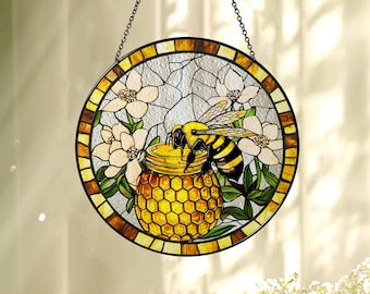 Bee Honey Jar and Flower Stained Glass Suncatcher, Flowers Bee Window Hanging, Honeycomb Sun Catcher, Nature Bee Lover Gift, Garden Decor
