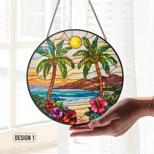 Hawaii Beach Stained Glass Suncatcher, Colorful Ocean Sunset Window Hanging, Palm Tree Hibiscus Summer Decor, Beach Lover Gift, Coastal Gift