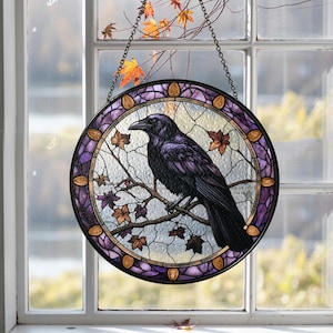Raven Stained Glass Suncatcher, Gothic Crow Window Decor, Spooky Indoor Art, Unique Housewarming Gift, Halloween Raven Lover Gift Idea