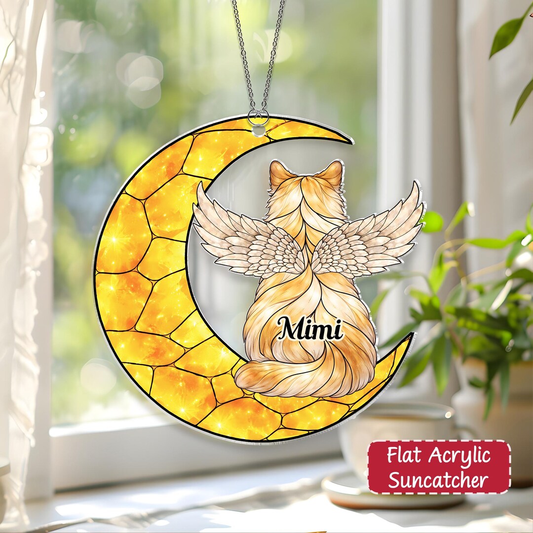 Orange Cat Moon Acrylic Suncatcher, Memorial Window Hanging, Cat With ...