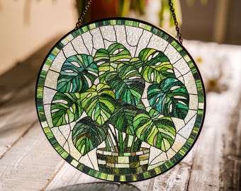 Monstera Stained Glass Suncatcher, Tropical Plant Window Hanging, Green Leaf Sun Catcher, Botanical Home Decor,Plant Lover Gift,Nature Lover