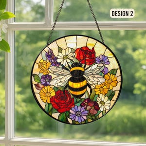 Bee Wildflower Stained Glass Suncatcher, Bee Suncatcher Ornament, Honeybee Gift for Garden Lovers, Mom Dad Gift, Window Hanging Decor