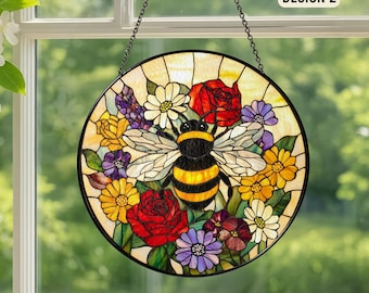 Bee Wildflower Stained Glass Suncatcher: Window Hanging Decor