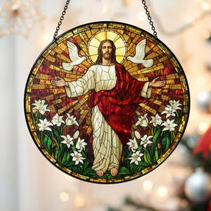 Jesus Christ Stained Glass Suncatcher, Christian Christmas Decor, Religious Window Hanging, Catholic Gift for Mom, Faith Home Decor