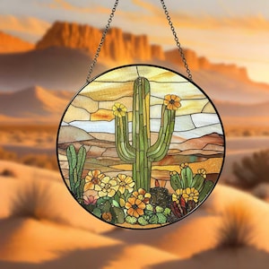 Desert Cactus Stained Glass Suncatcher, Colorful Succulent Sun Catcher, Nature and Boho Home Decor, Cactus Window Hanging Suncatcher