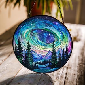 Aurora Borealis Glass Suncatcher Hanging, Forest Aurora Suncatcher, Handcrafted Northern Lights Decor, Glass Art for Nature Lover