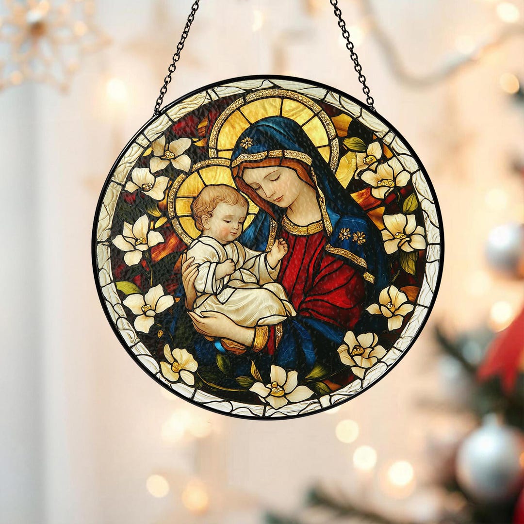 Virgin Mary Glass Suncatcher, Baby Jesus Window Decor, Religious ...
