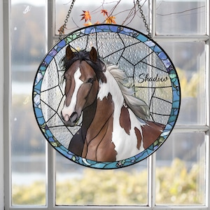Custom Horse Portrait Stained Glass Suncatcher, Memorial Pet Suncatcher, Personalized Pet Portrait Window Hanging, Horse Lover Gift