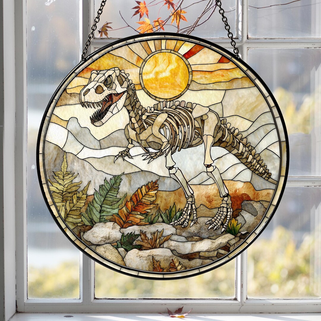 Dinosaur Skeleton Stained Glass Suncatcher, Dinosaur Window Decor ...
