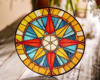 Compass Rose Faux Stained Glass Suncatcher, Geometric Sunburst Window Hanging, Nautical Compass Decoration, Boho Window Panels