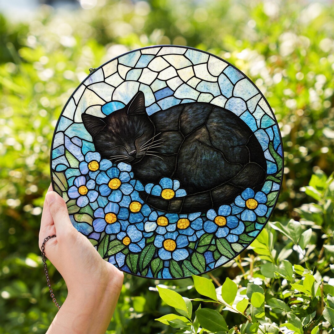 Black Cat Stained Glass Suncatcher: Forget-me-not Floral Window Hanging ...