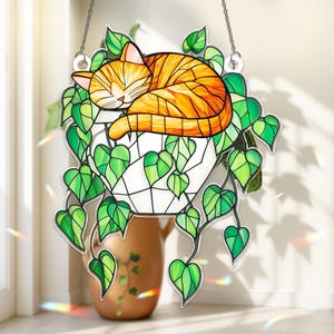 Black Cat Sleeping on Pothos Acrylic Suncatcher, Orange Cat Window Hanging, Pothos Plants Decor, Plant Lover Gift, Gift For Mom