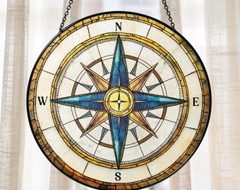 Vintage Compass Rose Stained Glass Suncatcher, Compass Rose Window Hangings, Gift for Travelers, Nautical Compass Decoration, Window Panels