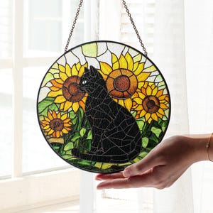 Sunflower Black Cat Stained Glass Suncatcher, Gift for Cat Lovers, Sunflower Wall Hanging, Gift for Mom, Memorial Gift, Black Cat Suncatcher