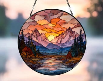 Sunset Landscape Stained Glass Suncatcher, Window Hanging Decor, Sunset Sun Catchers, Mountains Landscape Suncatcher, Nature Lover Gift