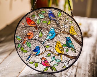 Birds Faux Stained Glass Suncatcher, Window Hanging Decor,  Indoor Wall Art, Sun Catcher Gift for Mom, Bird Lover Gifts, Garden Lover Gift