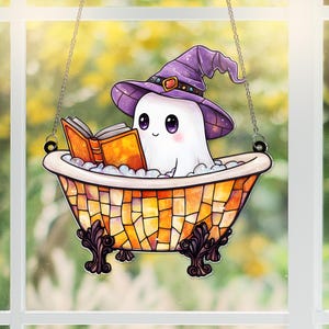 Cute Ghost Reading Book Bathroom Acrylic Suncatcher, Ghost Window Hanging, Halloween Spooky Decor, Boo Love Book Gift, Halloween Gift