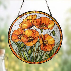 Poppy Stained Glass Suncatcher, Glass Poppy Decoration, Poppy Flower Window Hanging, Mother Day Gift For Her, Botanical Glass Painting