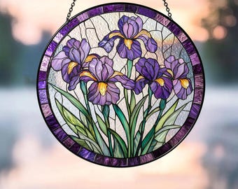 Purple Irises Faux Stained Glass Suncatcher, Birth Month Flower Suncatcher, Flower Window Hanging, Flower Lovers Gift, Garden Decor