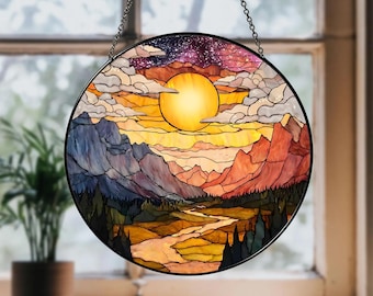 Mountain Range Stained Glass Suncatcher, Window Hanging Decor, Sunset Mountain Suncatcher, Nature Lover Gift, Window Suncatcher
