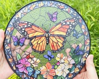 Monarch Butterfly Stained Glass Suncatcher: Floral Window Hanging