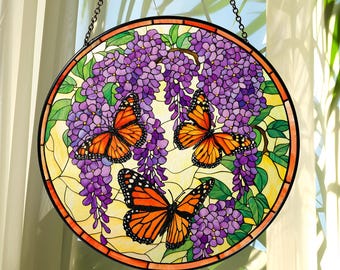 Wisteria and Butterfly Stained Glass Suncatcher, Purple Floral Window Decor, Monarch Butterfly Gift, Nature Inspired Hanging Ornament