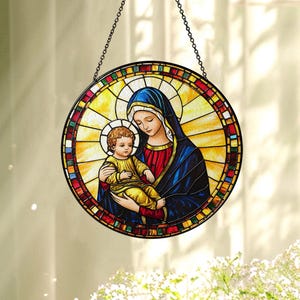 Virgin Mary Holding Jesus Faux Glass Suncatcher, Christian Home Decor, Jesus Religion Gift, Virgin Mary Suncatcher, Christmas Gift