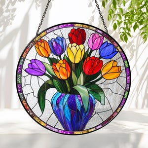 Colorful Tulips Stained Glass Suncatcher, Tulips Lovers Gift, Tulips Window Hanging, Flower Suncatcher, Tulips Flowers Decor, Botanical Art