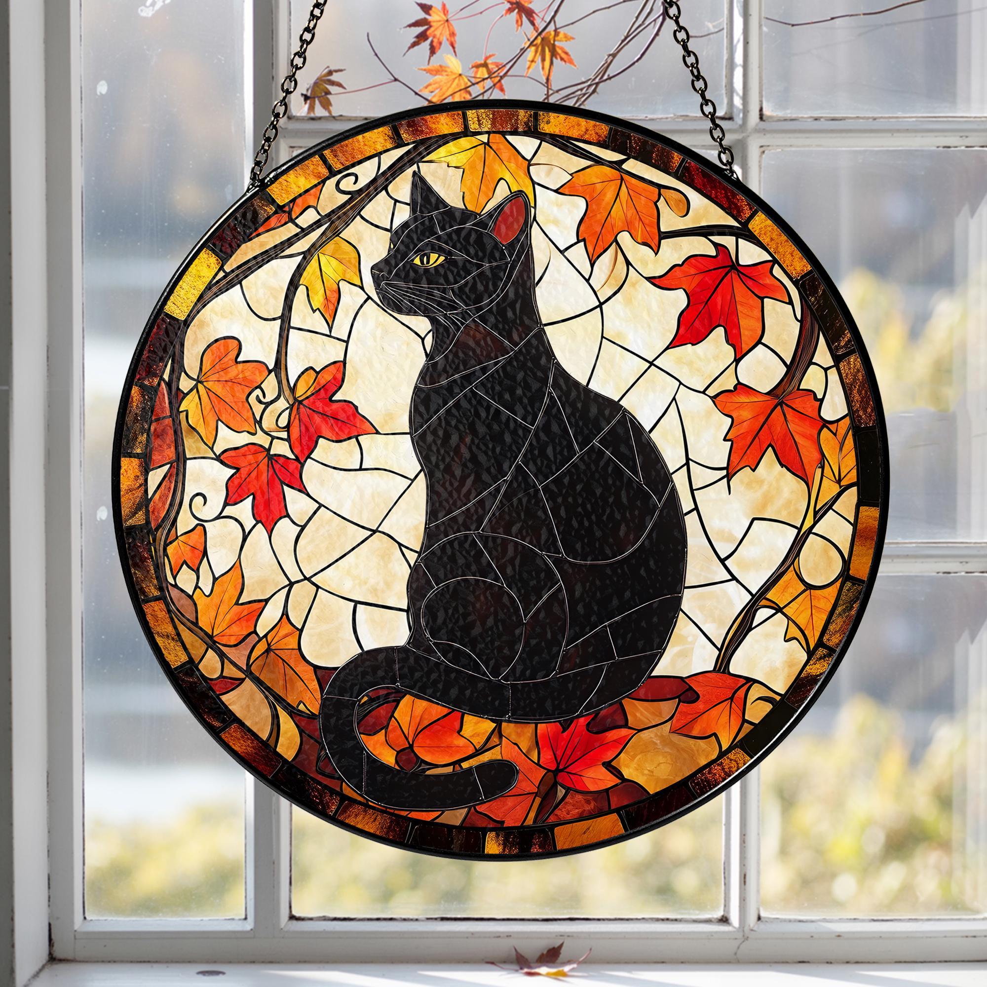 Black Cat Stained Glass Suncatcher, Halloween Window Decor, Autumn ...